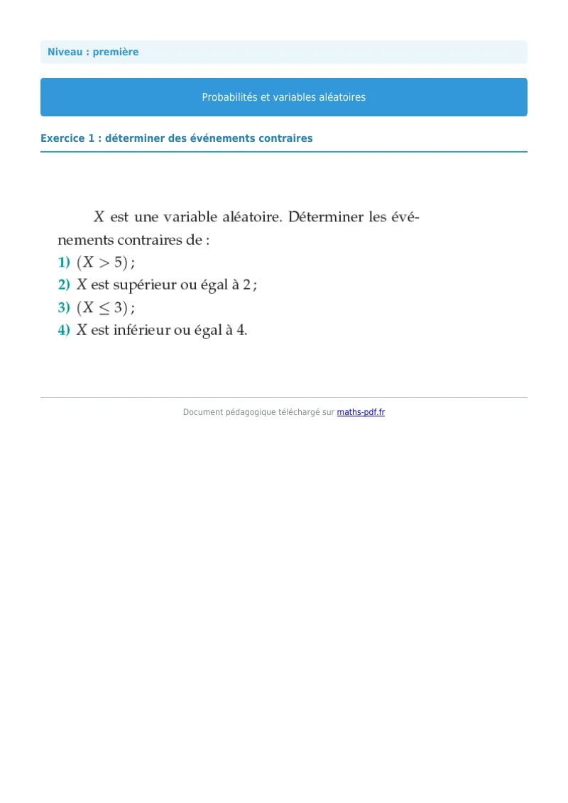Probabilités et variables aléatoires : exercice n°1 de maths en première corrigé en PDF