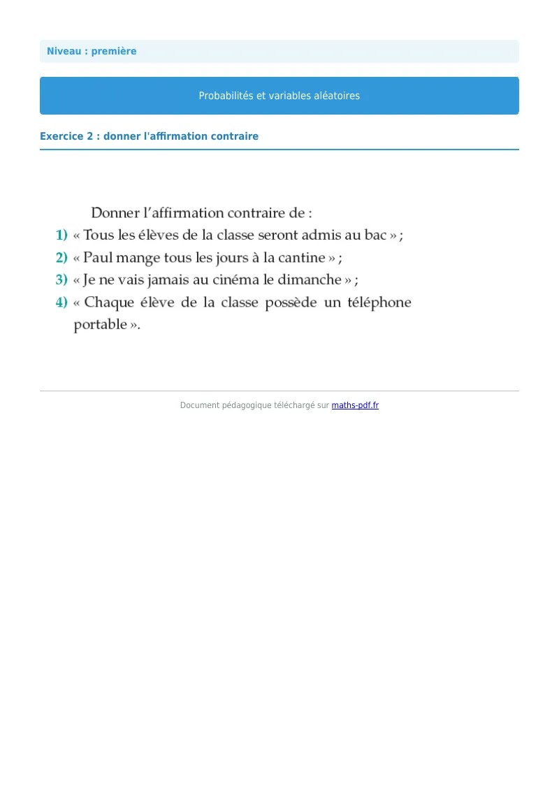 Probabilités et variables aléatoires : exercice n°2 de maths en première corrigé en PDF