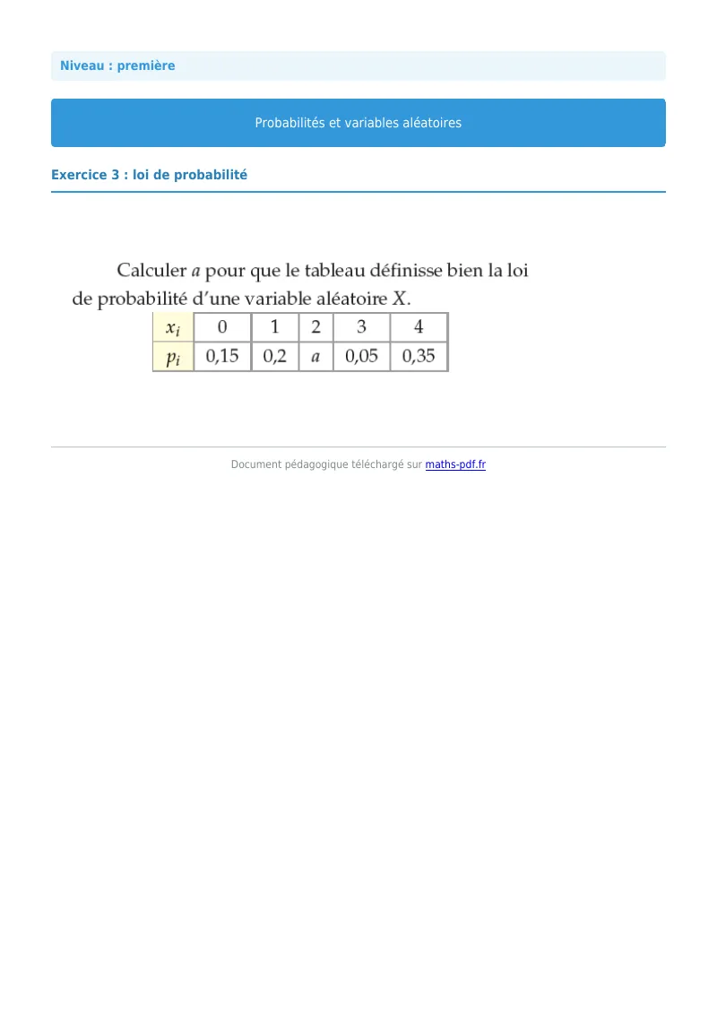 Probabilités et variables aléatoires : exercice n°3 de maths en première corrigé en PDF