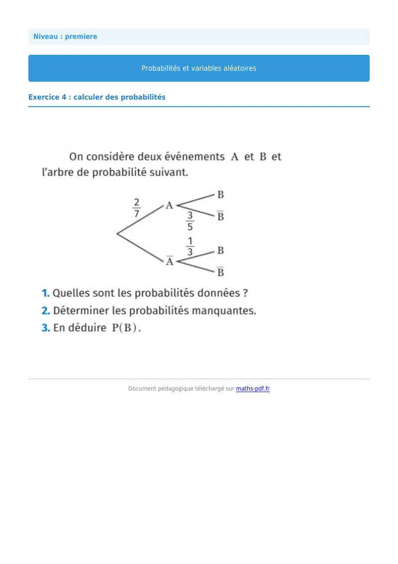 Probabilités et variables aléatoires : exercice n°4 de maths en première corrigé en PDF