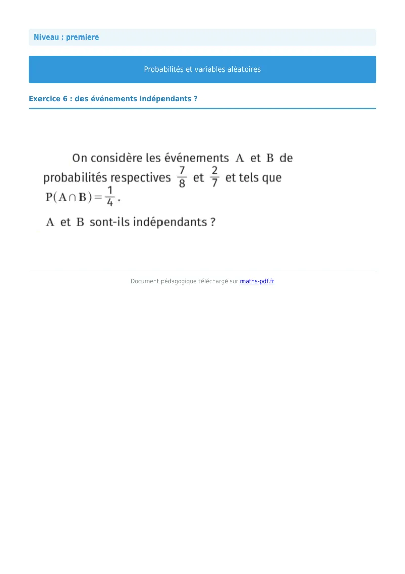 Probabilités et variables aléatoires : exercice n°6 de maths en première corrigé en PDF