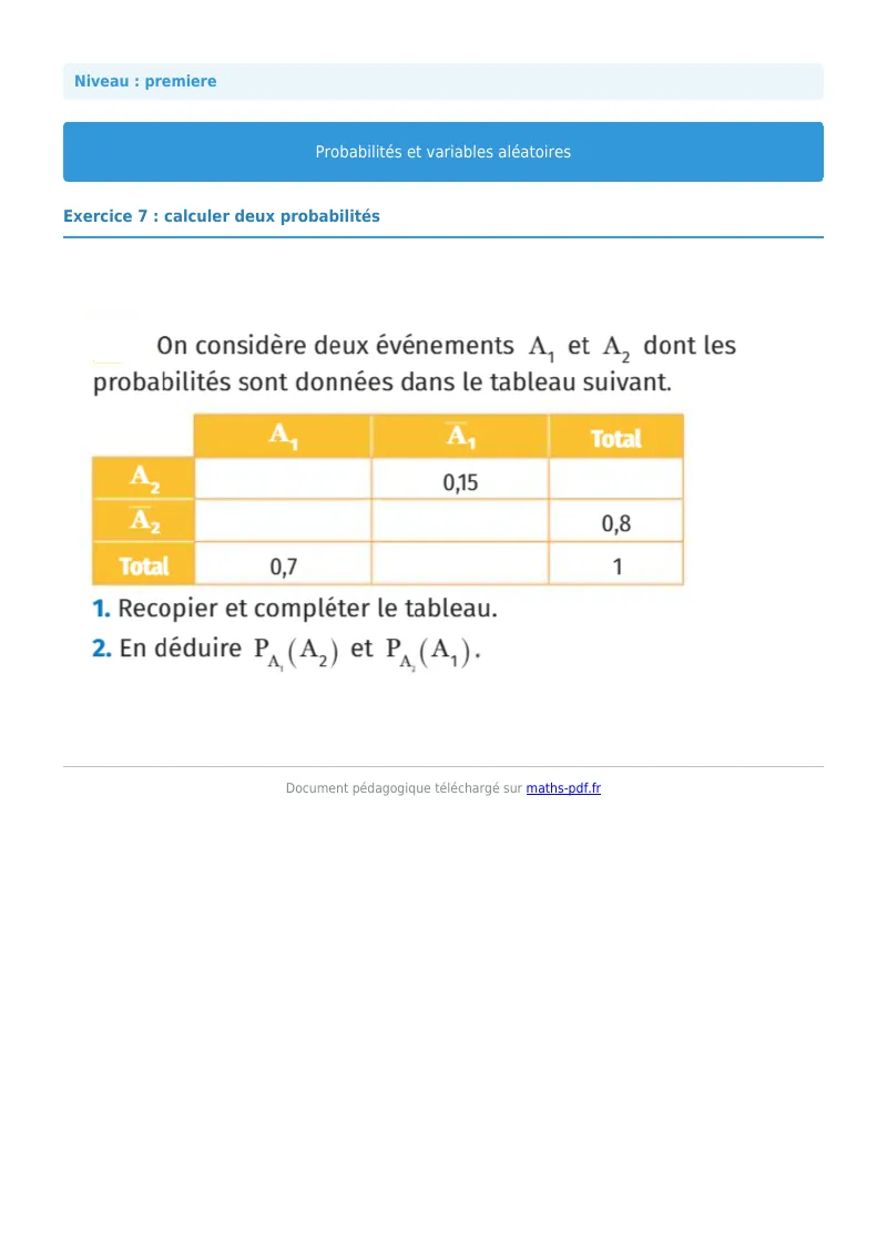 Probabilités et variables aléatoires : exercice n°7 de maths en première corrigé en PDF