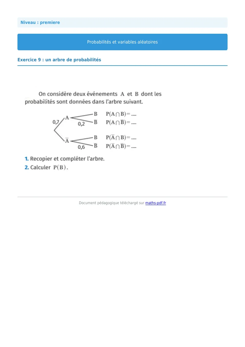 Probabilités et variables aléatoires : exercice n°9 de maths en première corrigé en PDF
