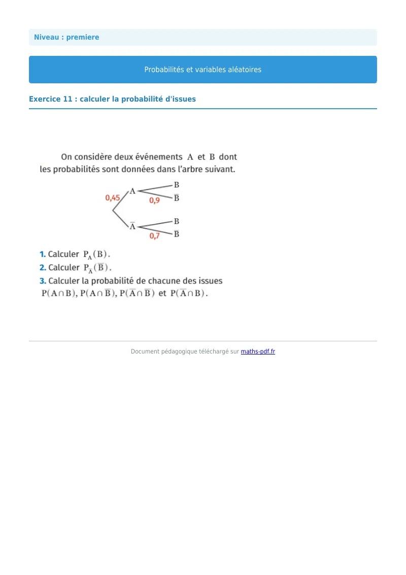 Probabilités et variables aléatoires : exercice n°11 de maths en première corrigé en PDF