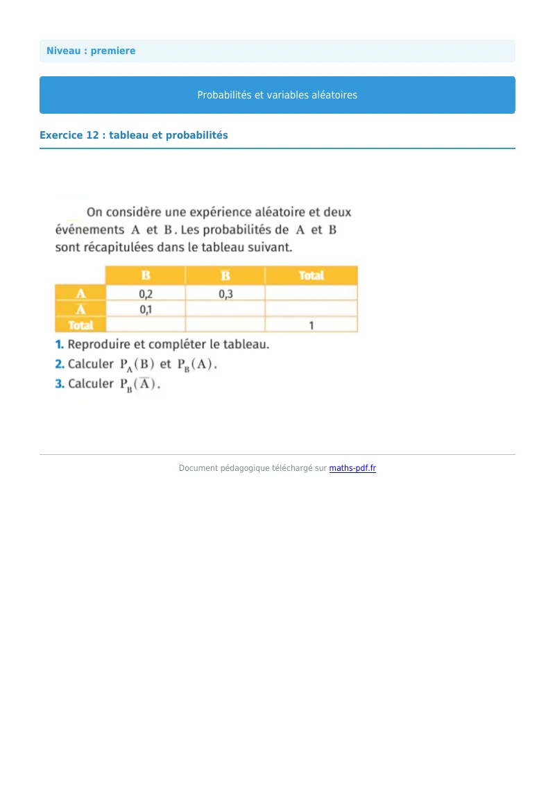 Probabilités et variables aléatoires : exercice n°12 de maths en première corrigé en PDF