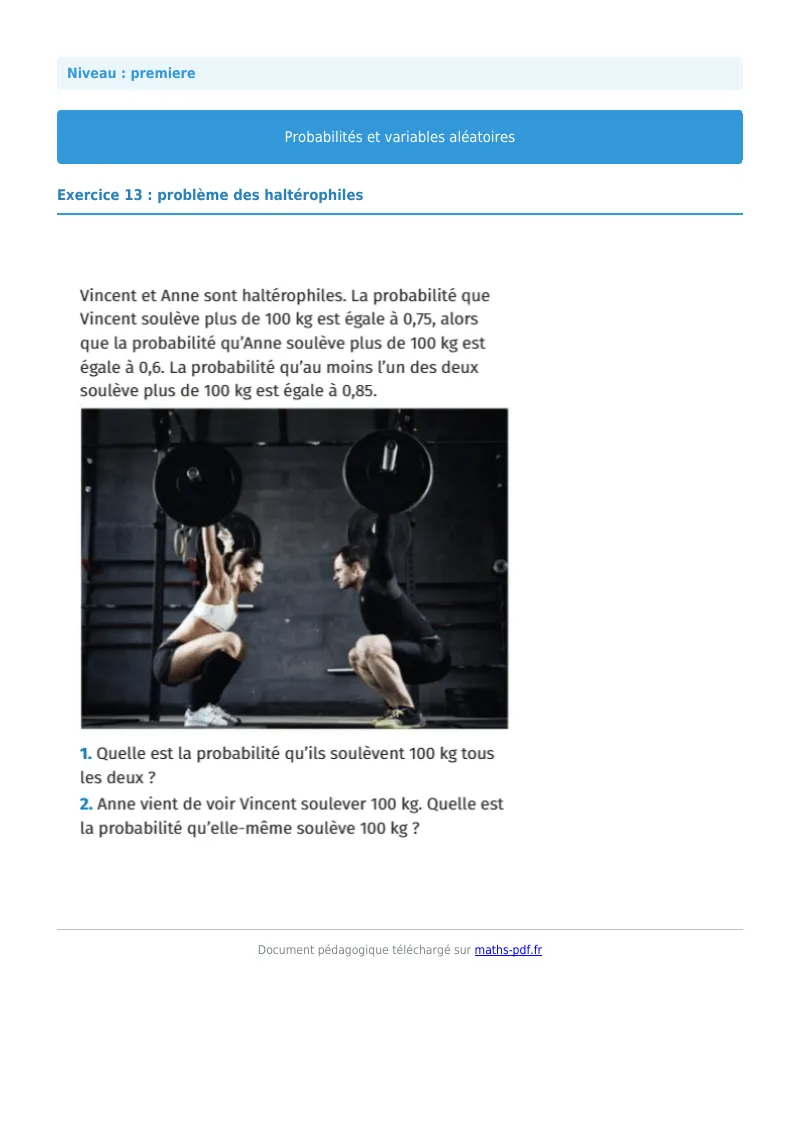 Probabilités et variables aléatoires : exercice n°13 de maths en première corrigé en PDF