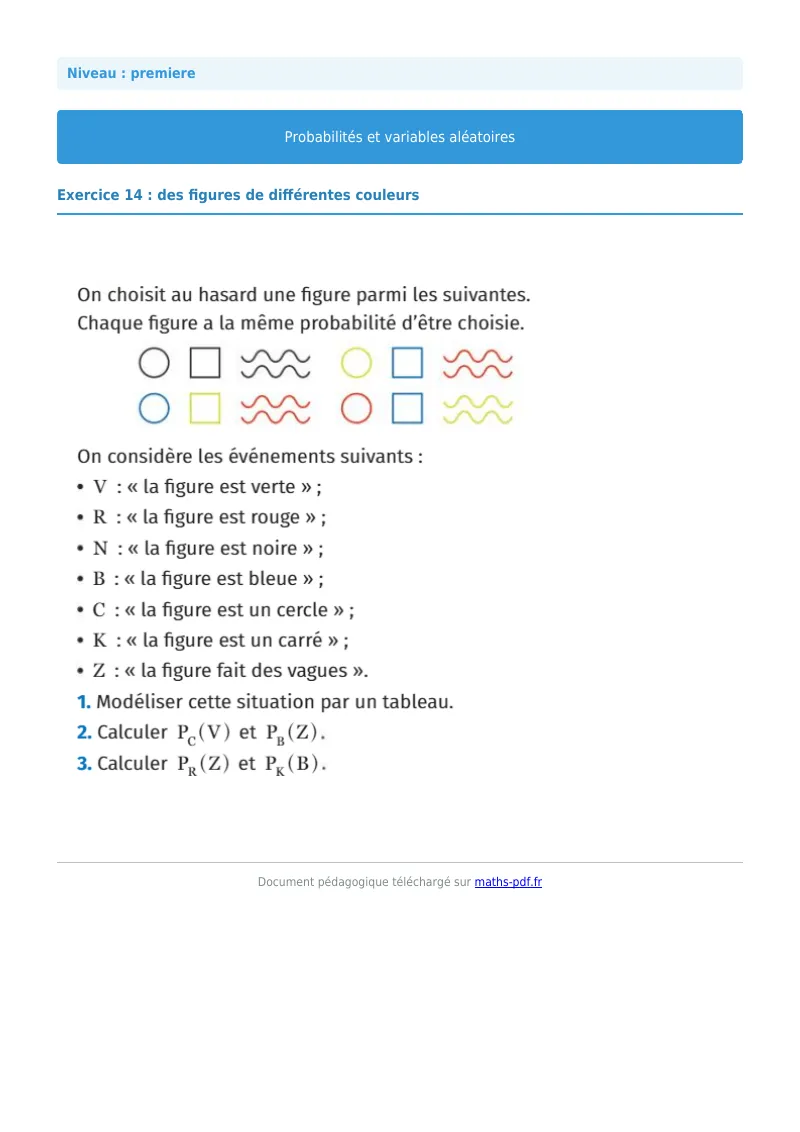 Probabilités et variables aléatoires : exercice n°14 de maths en première corrigé en PDF