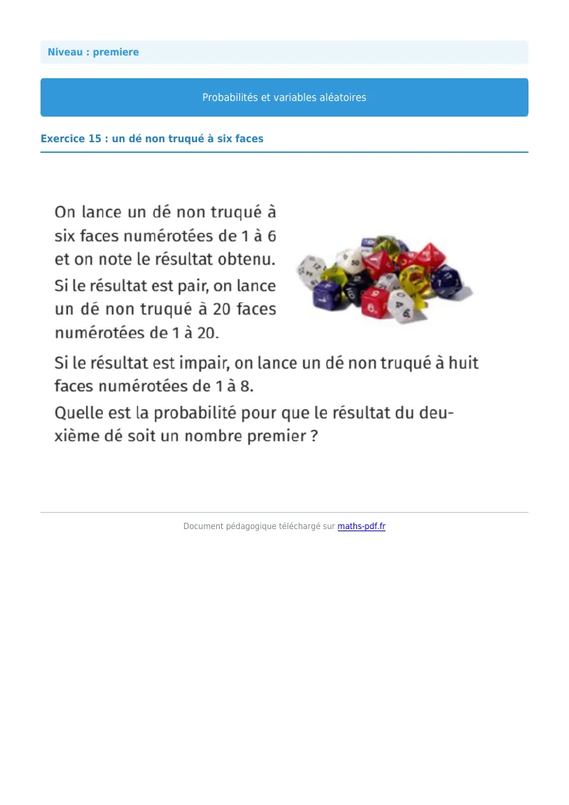 Probabilités et variables aléatoires : exercice n°15 de maths en première corrigé en PDF