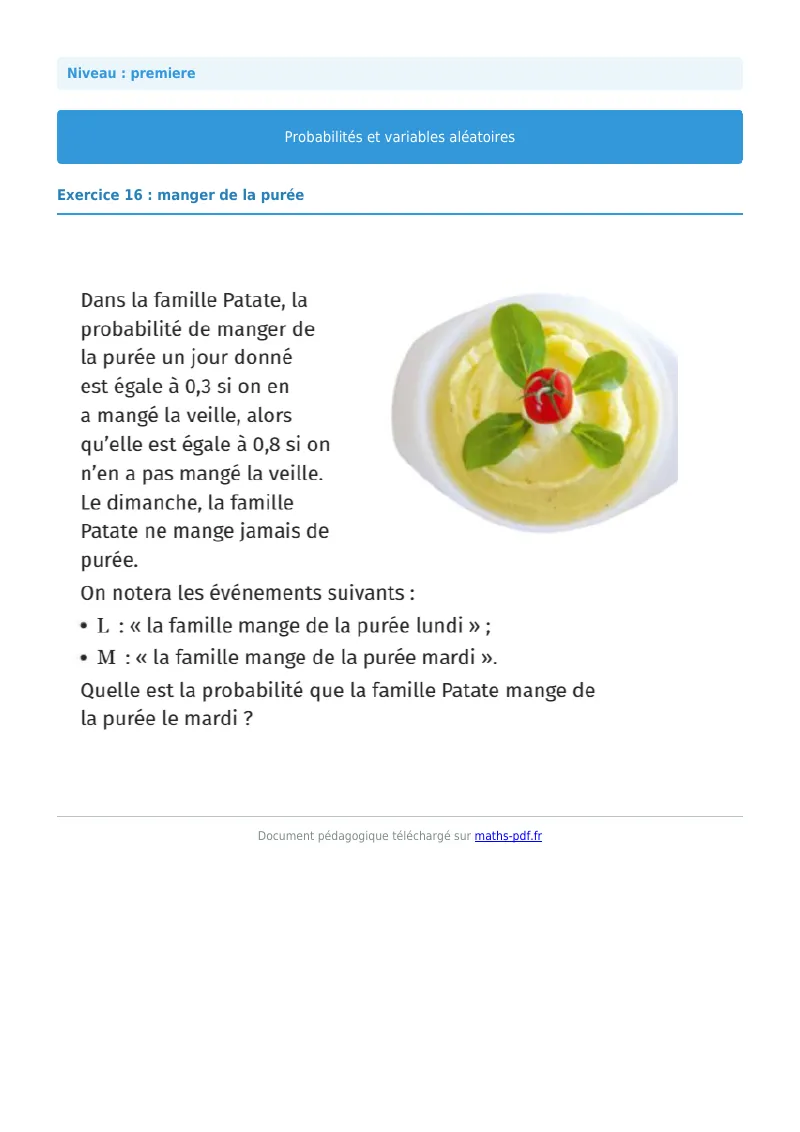 Probabilités et variables aléatoires : exercice n°16 de maths en première corrigé en PDF