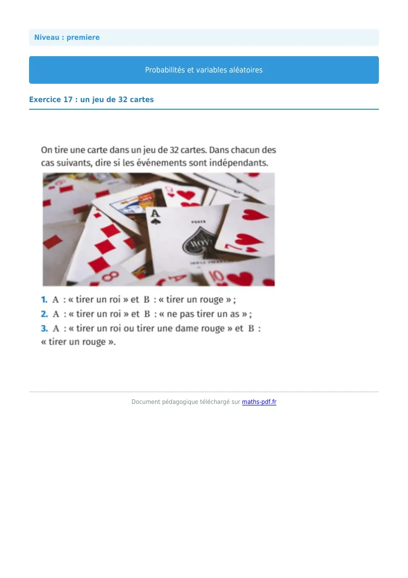 Probabilités et variables aléatoires : exercice n°17 de maths en première corrigé en PDF