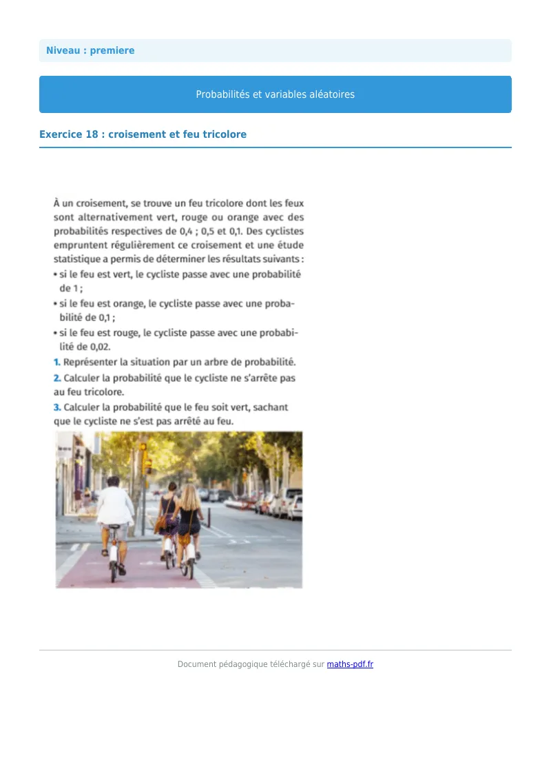 Probabilités et variables aléatoires : exercice n°18 de maths en première corrigé en PDF