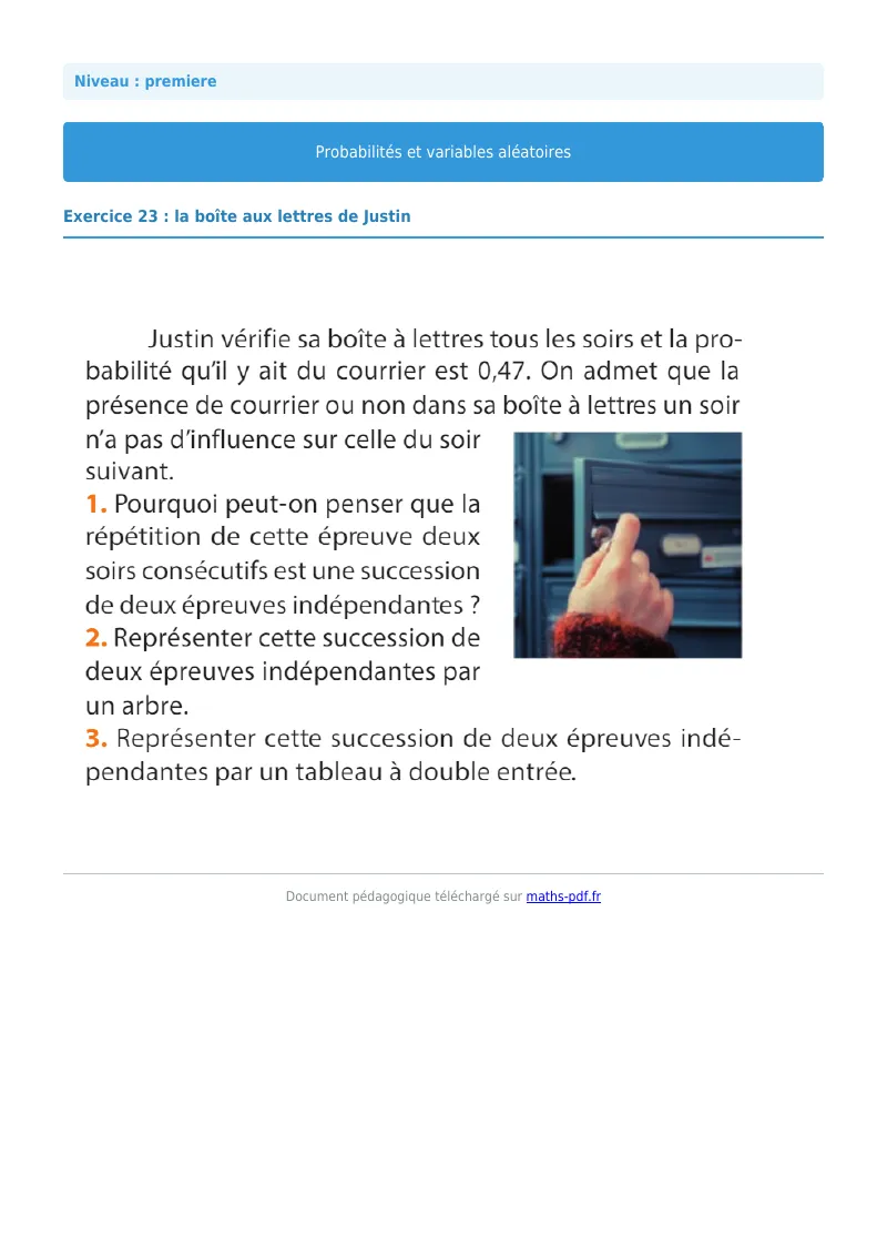 Probabilités et variables aléatoires : exercice n°23 de maths en première corrigé en PDF