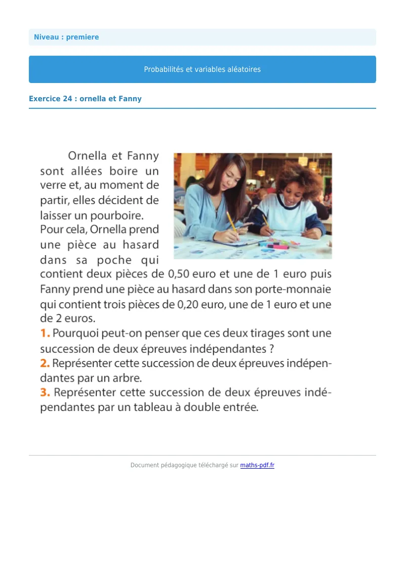 Probabilités et variables aléatoires : exercice n°24 de maths en première corrigé en PDF