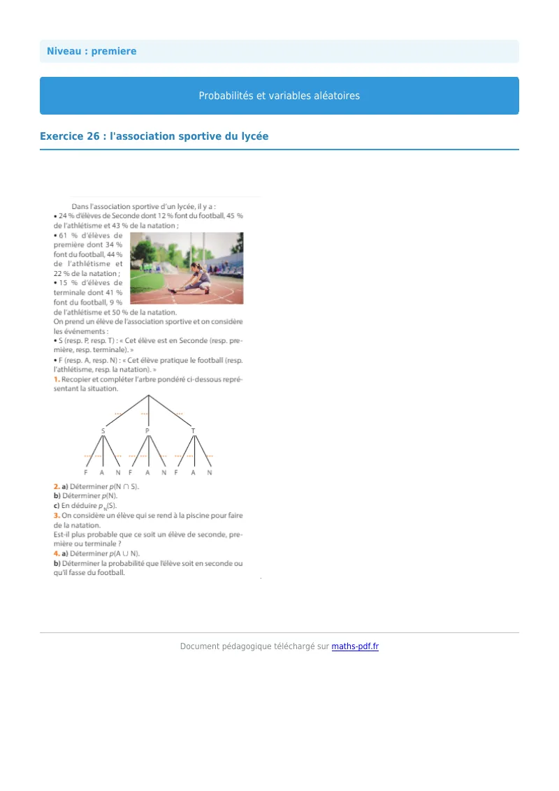 Probabilités et variables aléatoires : exercice n°26 de maths en première corrigé en PDF