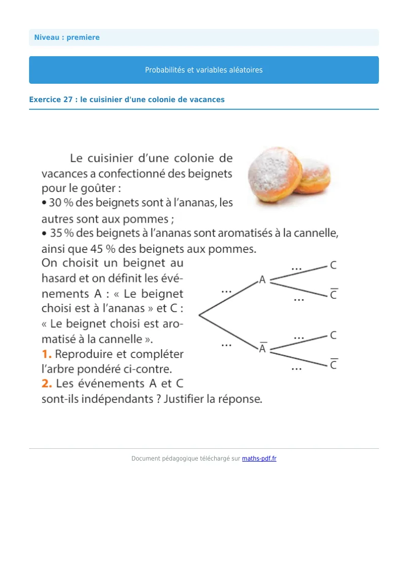 Probabilités et variables aléatoires : exercice n°27 de maths en première corrigé en PDF