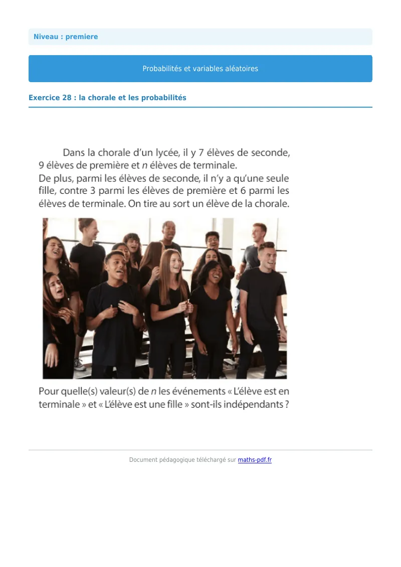 Probabilités et variables aléatoires : exercice n°28 de maths en première corrigé en PDF