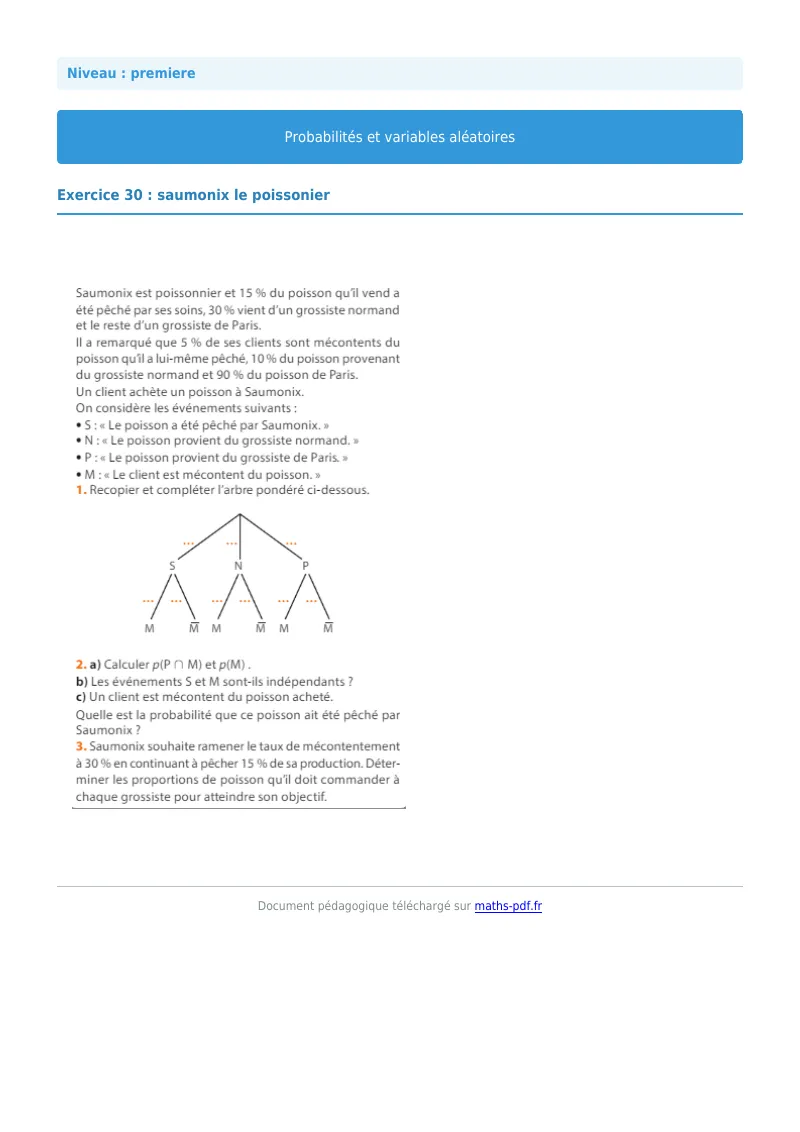 Probabilités et variables aléatoires : exercice n°30 de maths en première corrigé en PDF