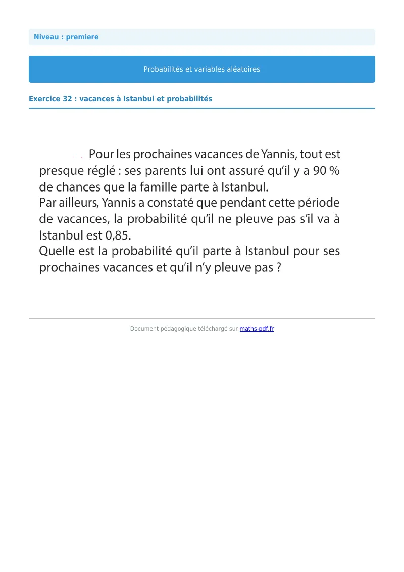 Probabilités et variables aléatoires : exercice n°32 de maths en première corrigé en PDF