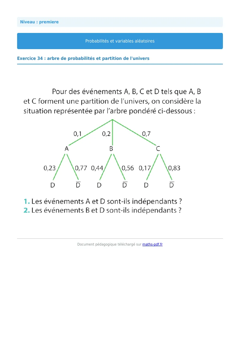 Probabilités et variables aléatoires : exercice n°34 de maths en première corrigé en PDF