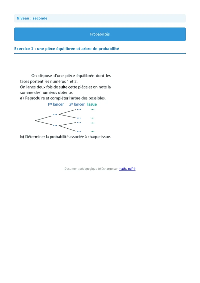 Probabilités : exercice n°1 de maths en seconde corrigé en PDF