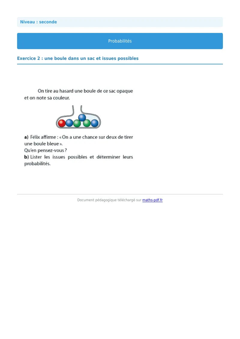 Probabilités : exercice n°2 de maths en seconde corrigé en PDF
