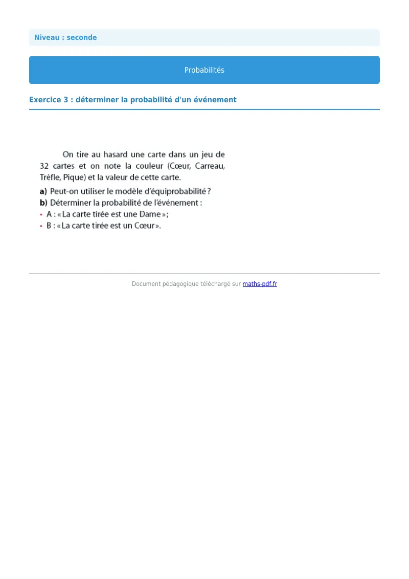 Probabilités : exercice n°3 de maths en seconde corrigé en PDF