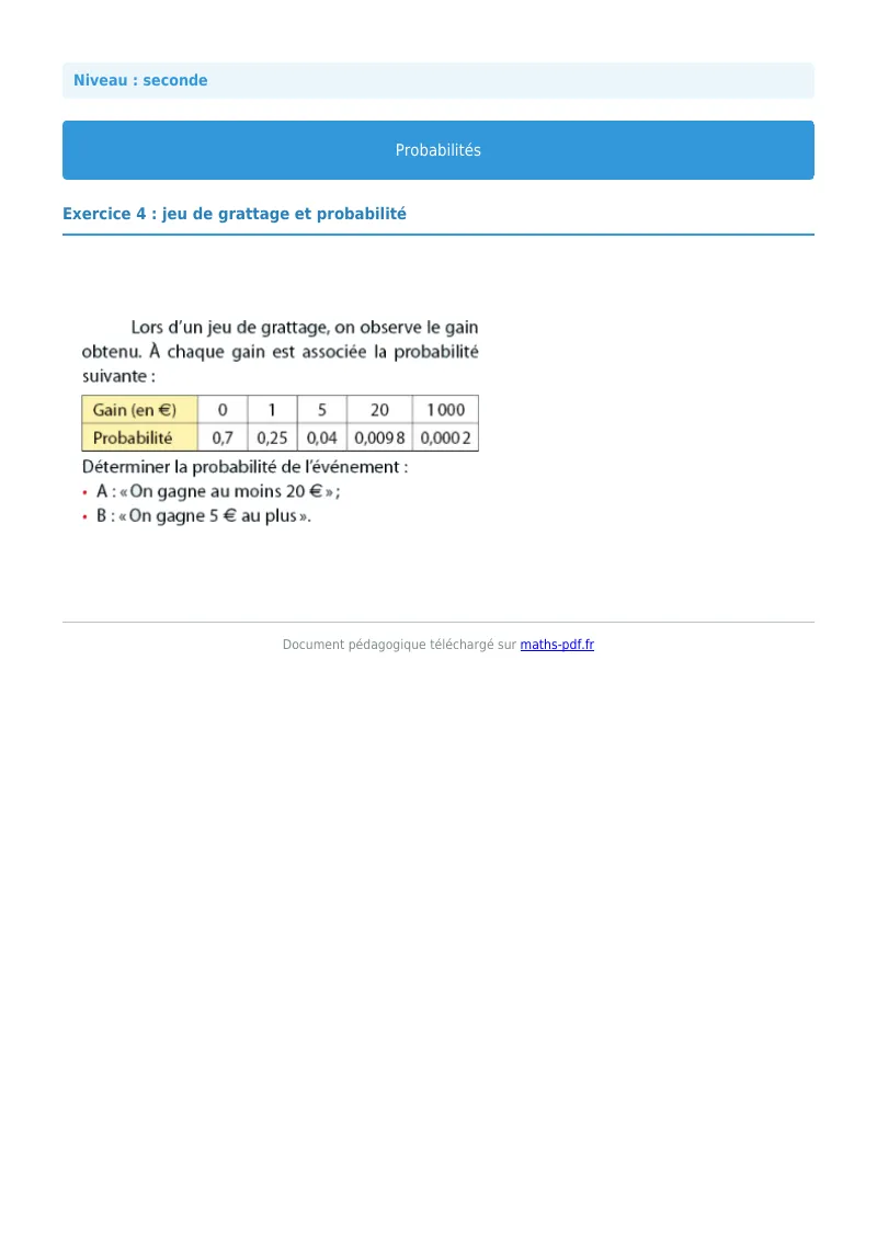 Probabilités : exercice n°4 de maths en seconde corrigé en PDF