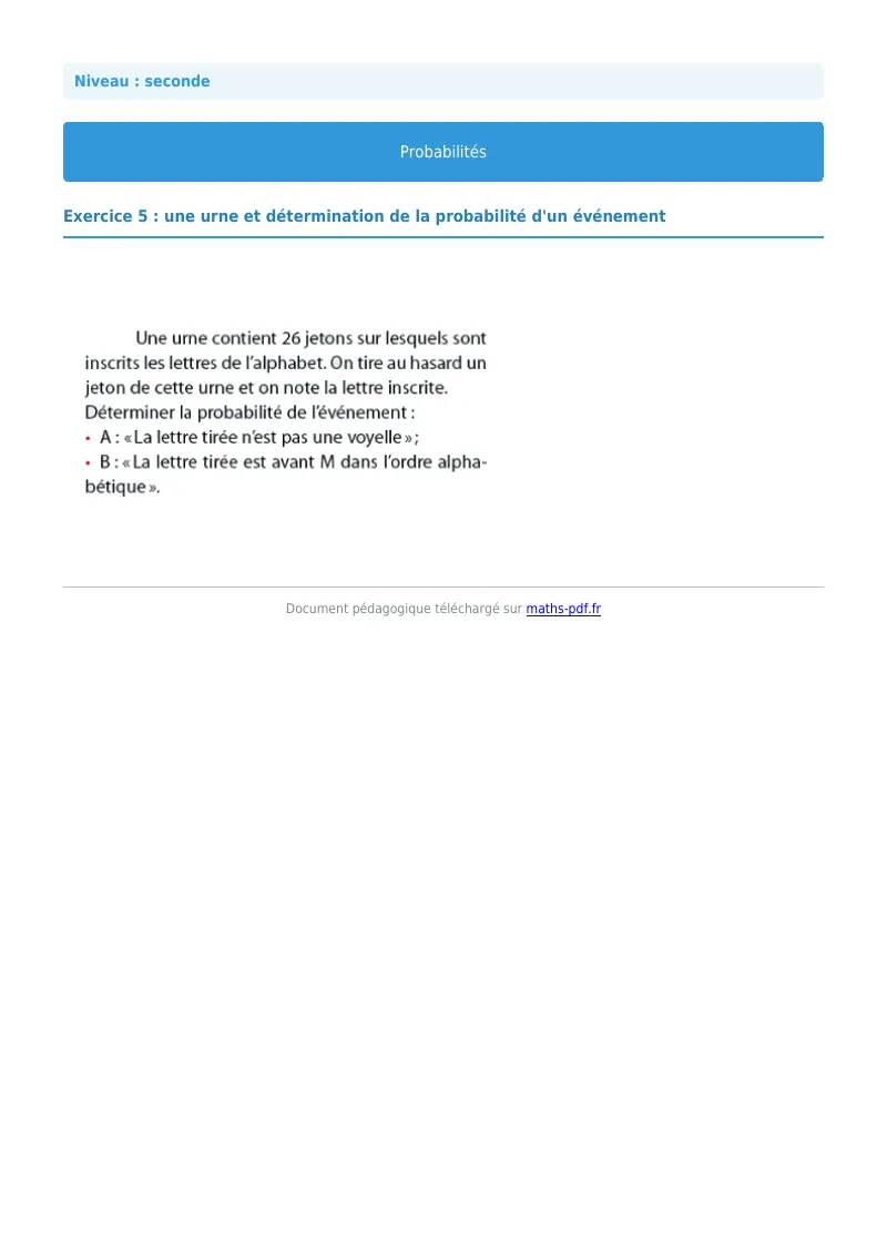 Probabilités : exercice n°5 de maths en seconde corrigé en PDF