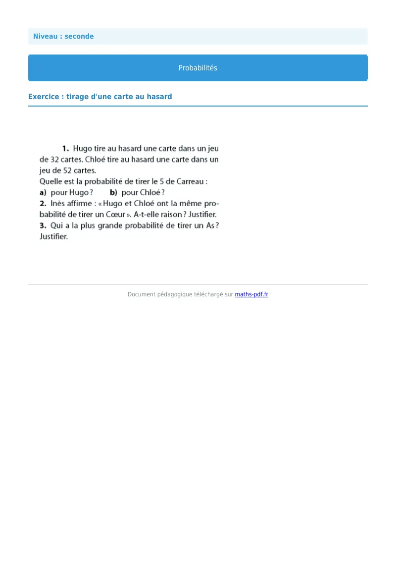 Probabilités : exercice n°6 de maths en seconde corrigé en PDF