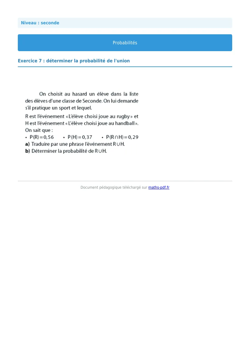 Probabilités : exercice n°7 de maths en seconde corrigé en PDF