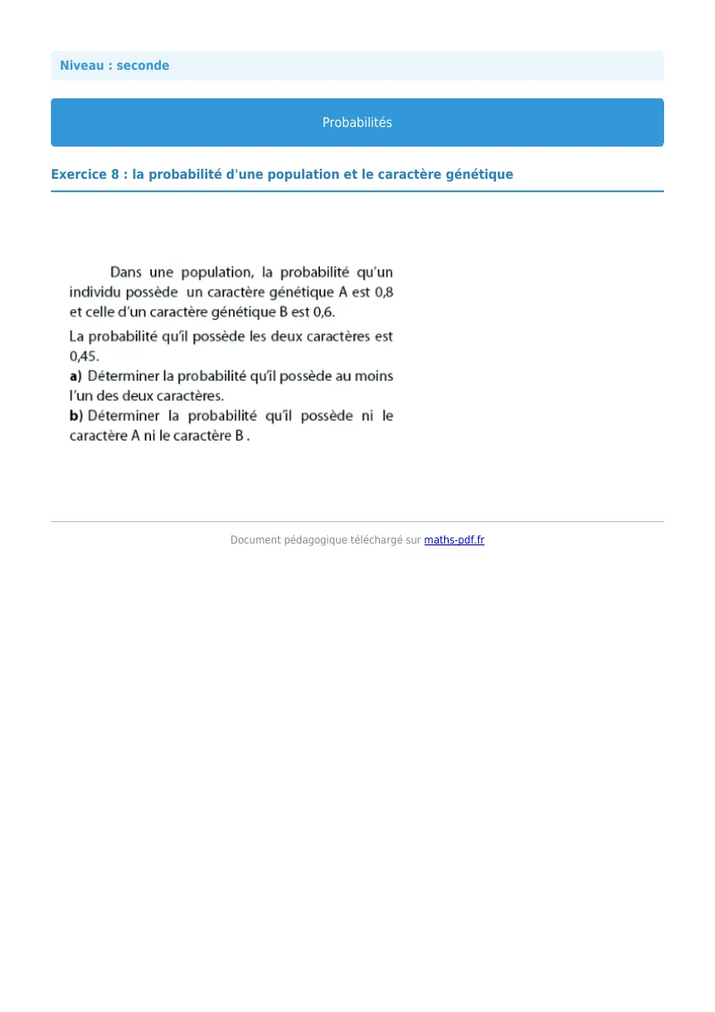 Probabilités : exercice n°8 de maths en seconde corrigé en PDF