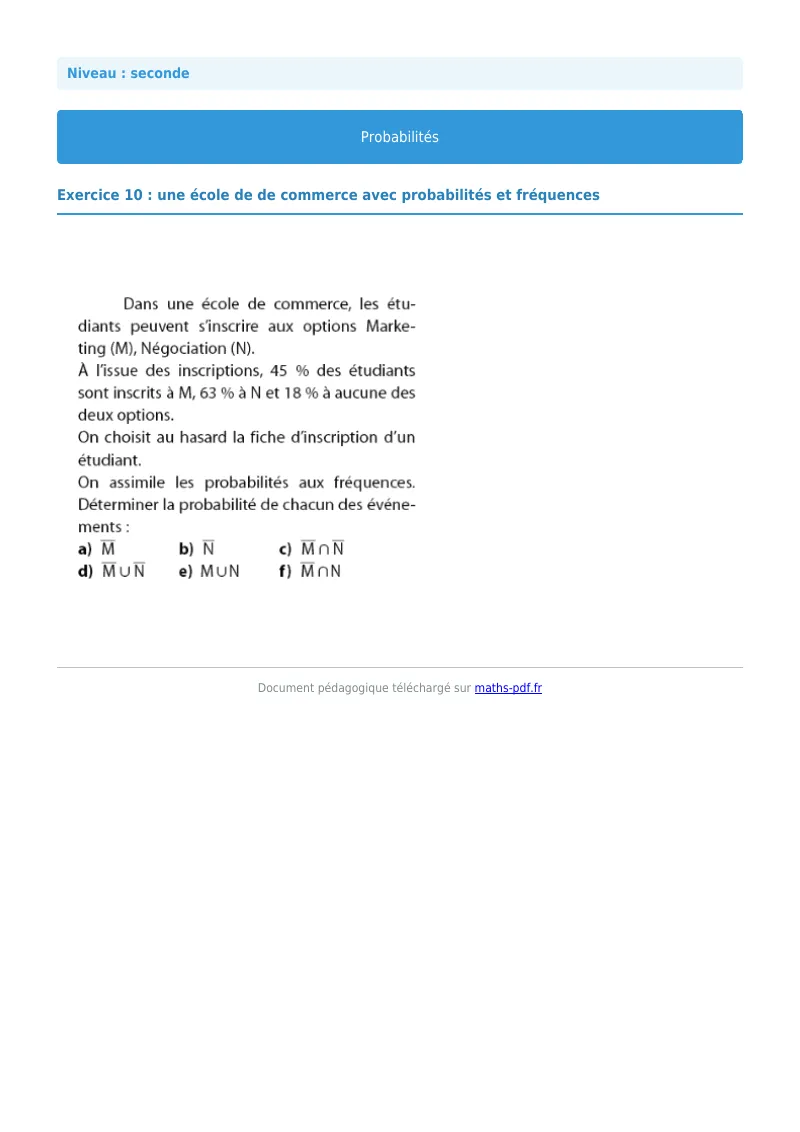 Probabilités : exercice n°10 de maths en seconde corrigé en PDF