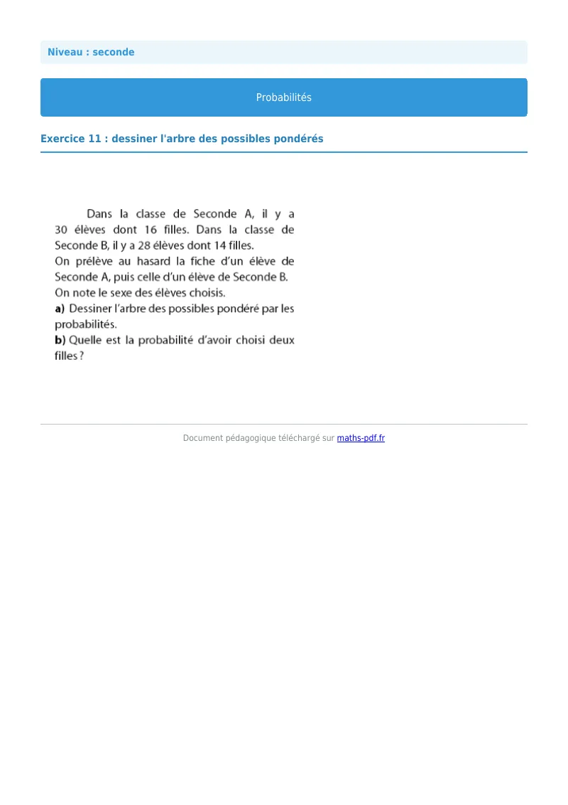 Probabilités : exercice n°11 de maths en seconde corrigé en PDF