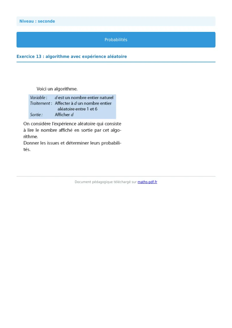 Probabilités : exercice n°13 de maths en seconde corrigé en PDF
