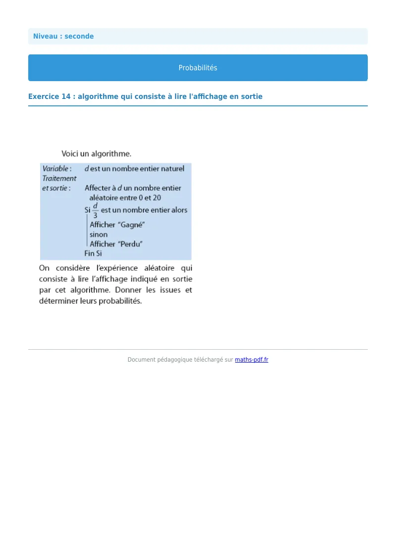 Probabilités : exercice n°14 de maths en seconde corrigé en PDF