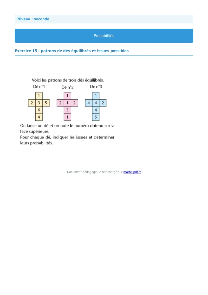 Probabilités : exercice n°15 de maths en seconde corrigé en PDF