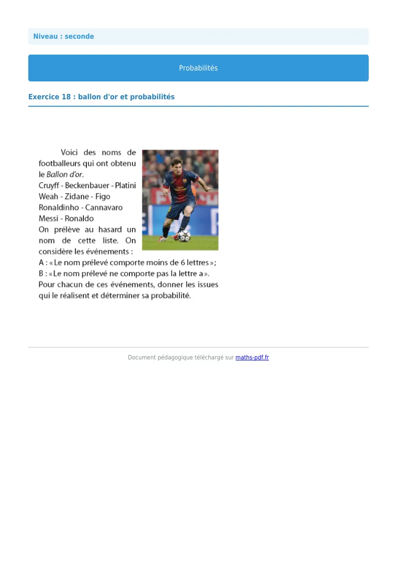 Probabilités : exercice n°18 de maths en seconde corrigé en PDF
