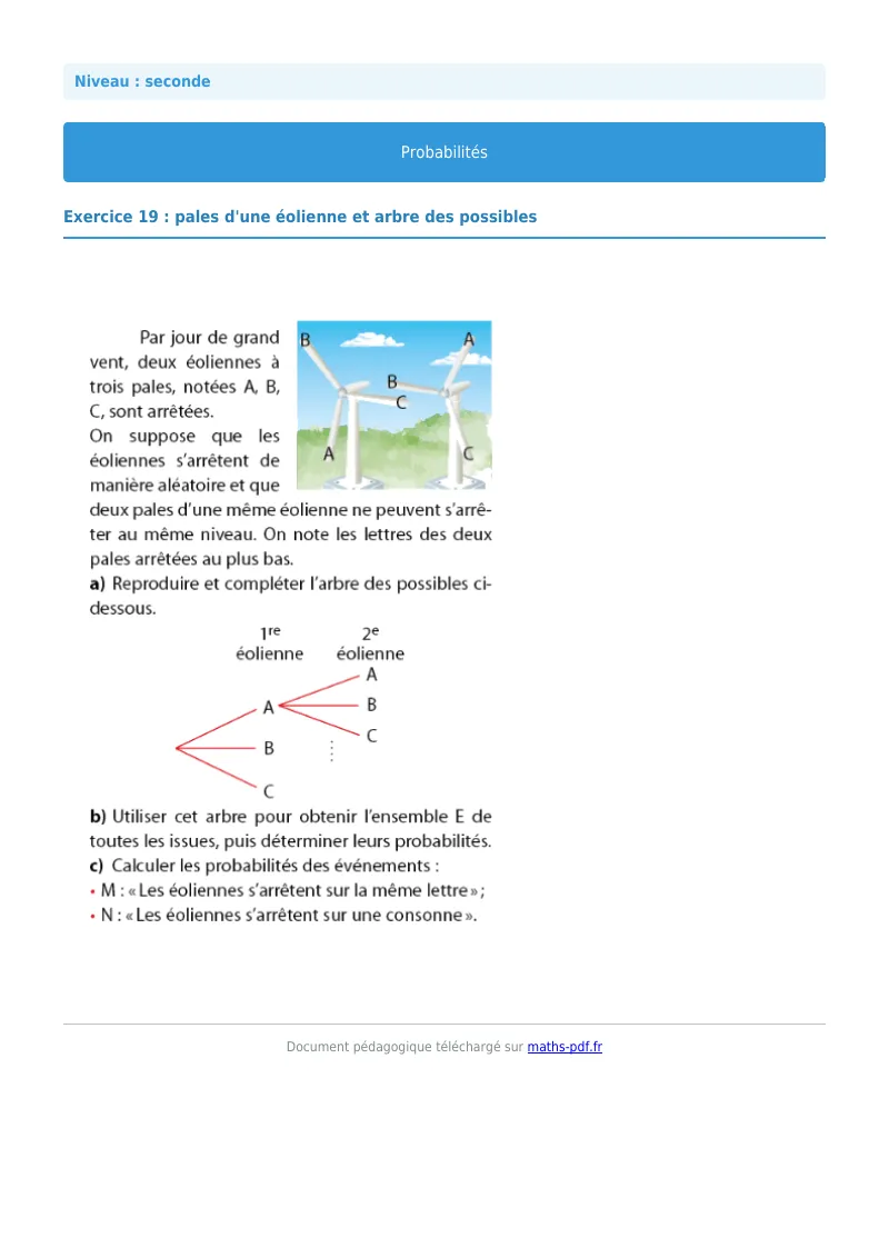 Probabilités : exercice n°19 de maths en seconde corrigé en PDF