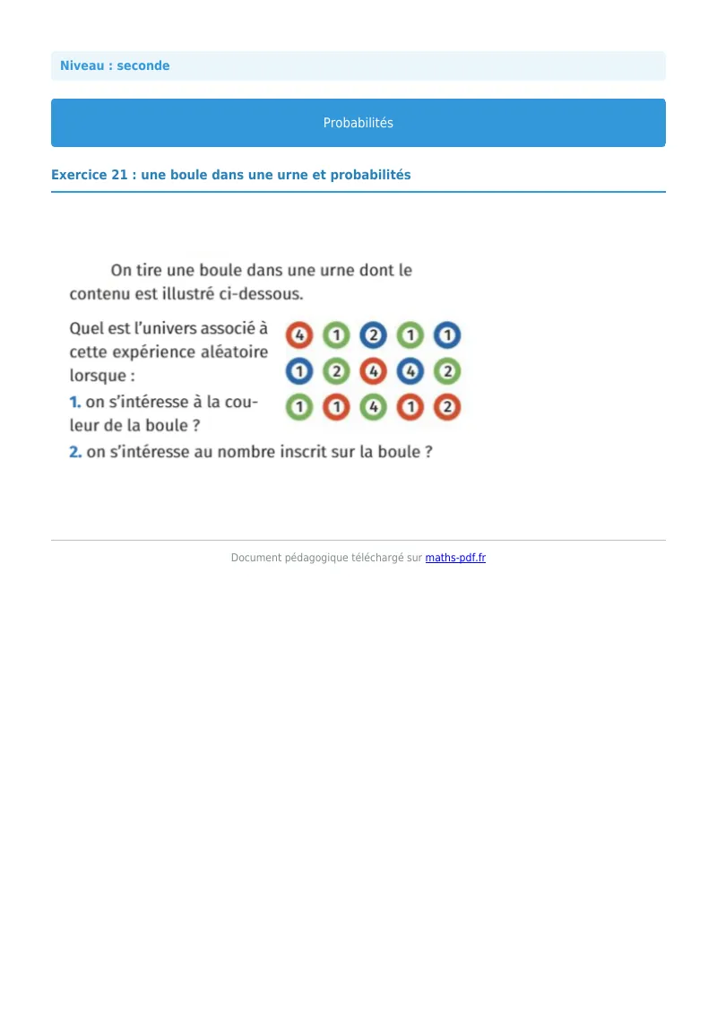 Probabilités : exercice n°21 de maths en seconde corrigé en PDF