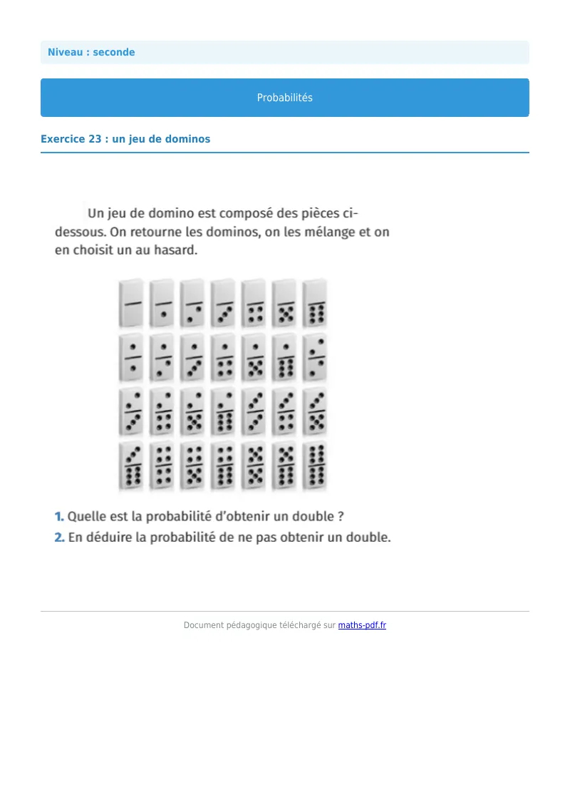 Probabilités : exercice n°23 de maths en seconde corrigé en PDF