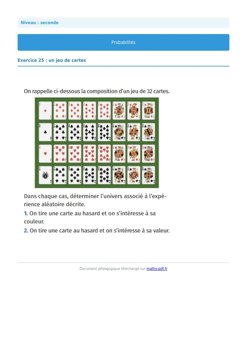 Probabilités : exercice n°25 de maths en seconde corrigé en PDF