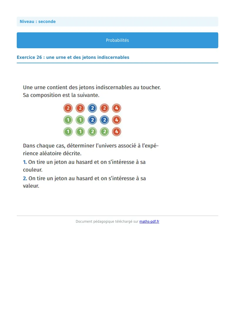 Probabilités : exercice n°26 de maths en seconde corrigé en PDF