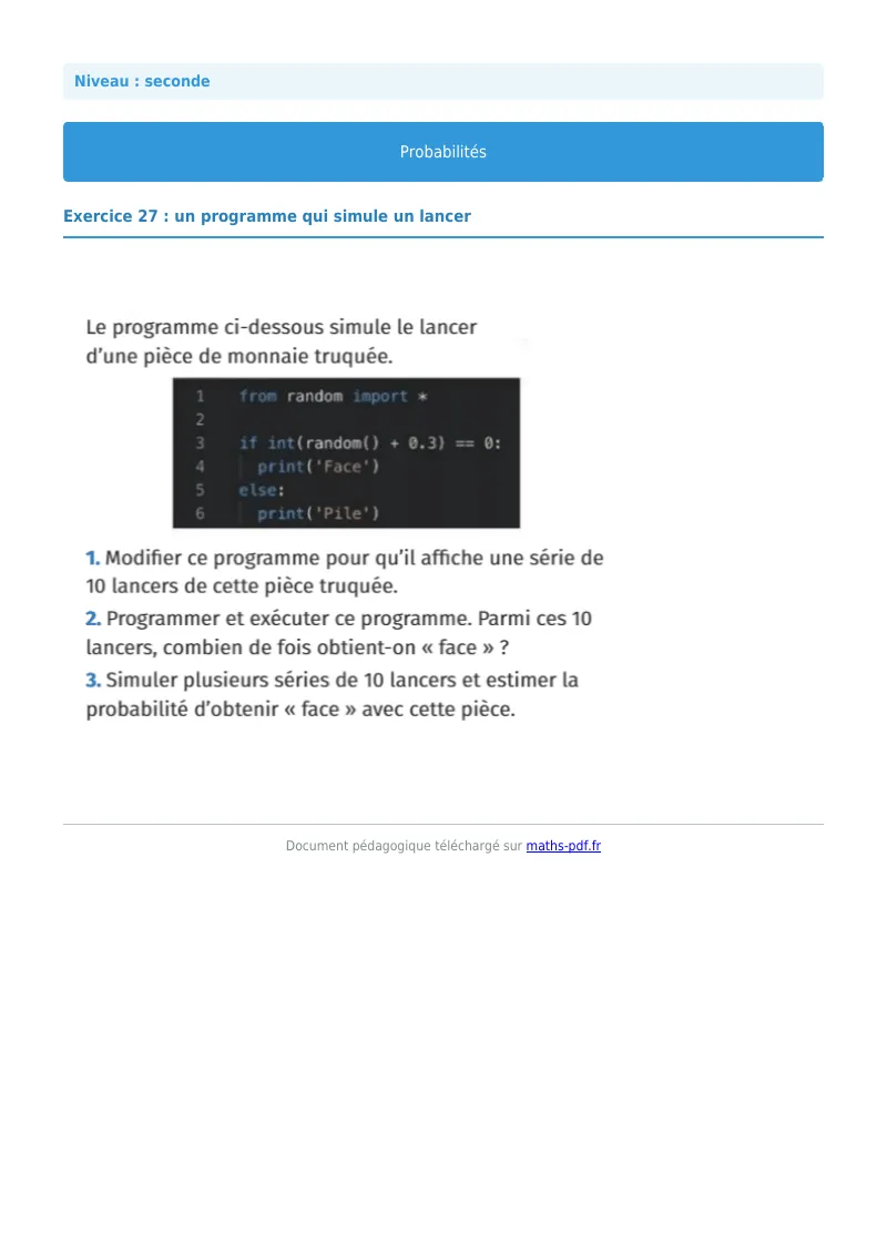 Probabilités : exercice n°27 de maths en seconde corrigé en PDF