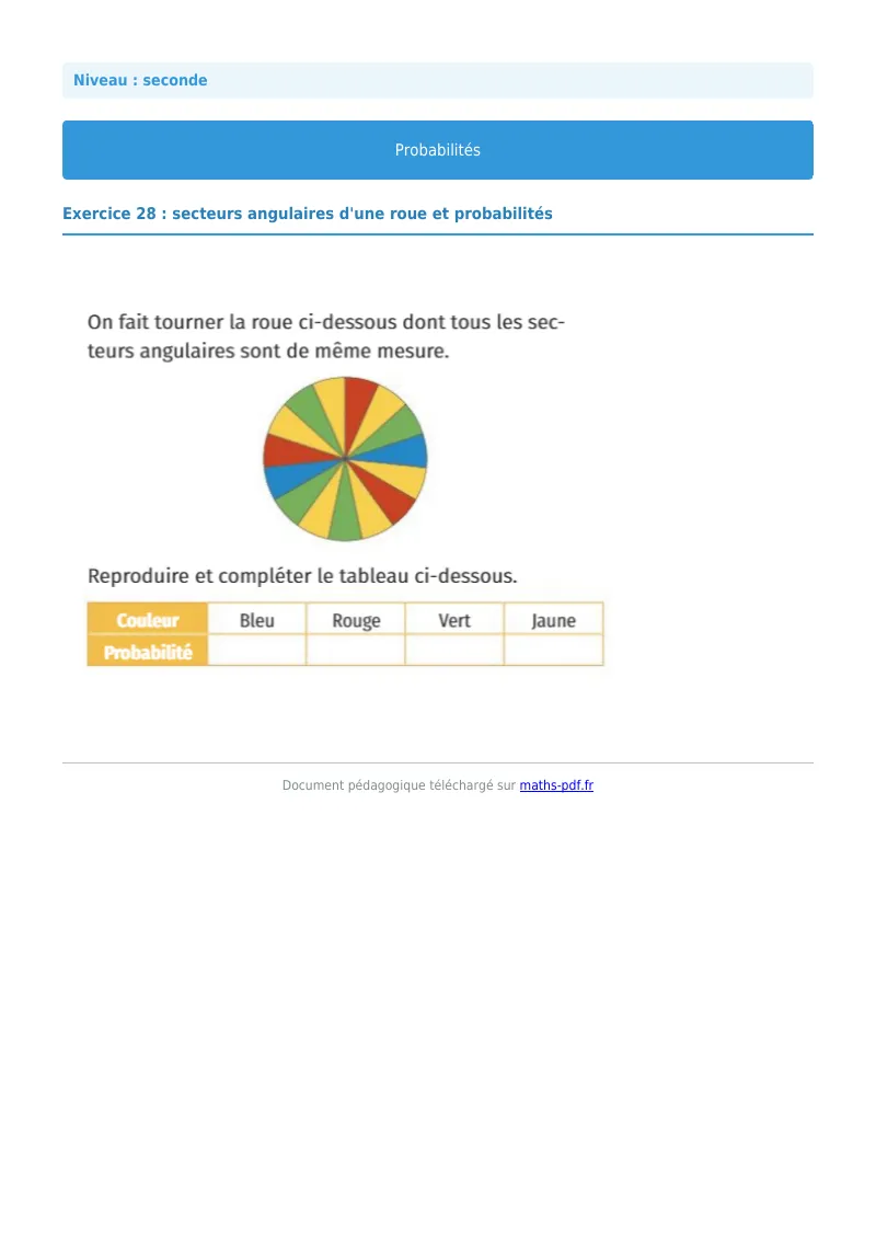 Probabilités : exercice n°28 de maths en seconde corrigé en PDF