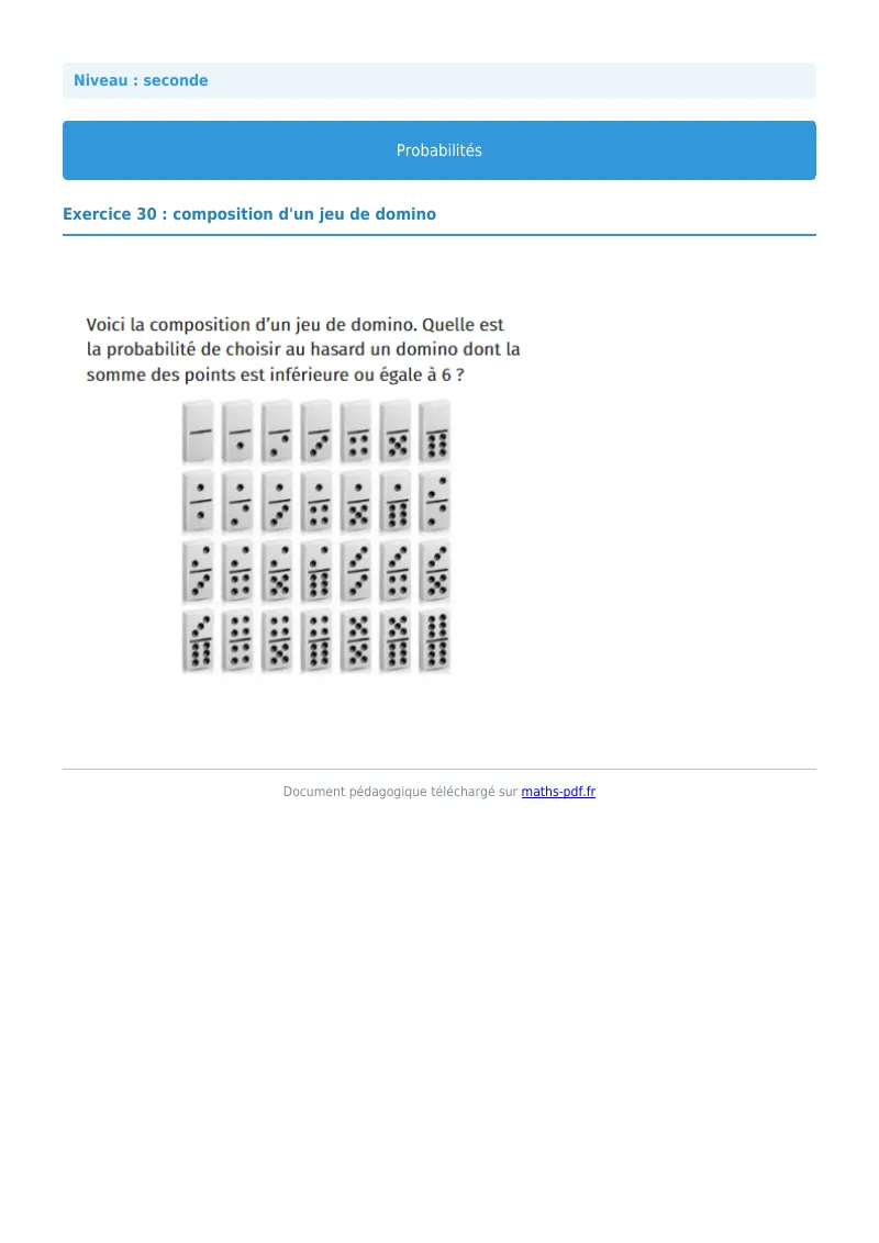 Probabilités : exercice n°30 de maths en seconde corrigé en PDF