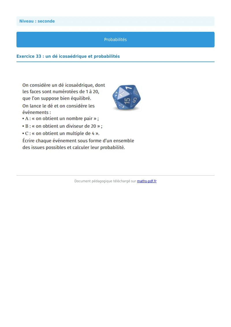Probabilités : exercice n°33 de maths en seconde corrigé en PDF