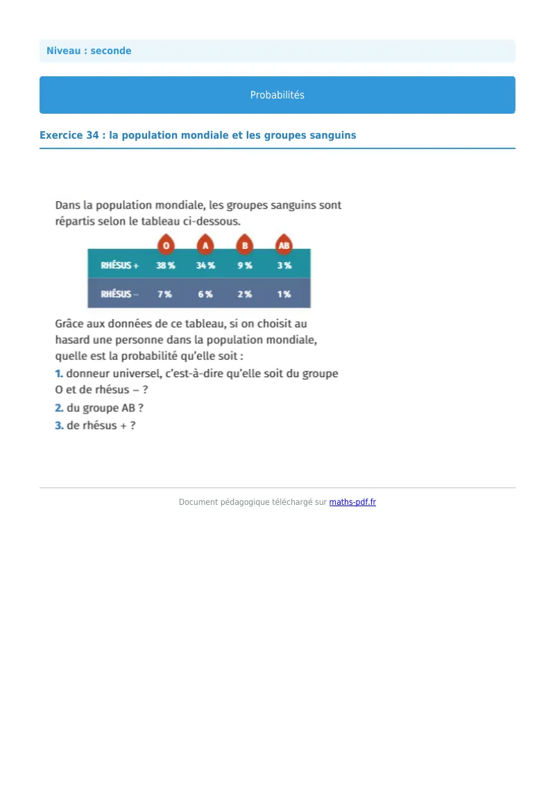 Probabilités : exercice n°34 de maths en seconde corrigé en PDF