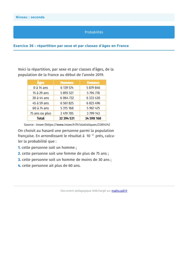 Probabilités : exercice n°36 de maths en seconde corrigé en PDF