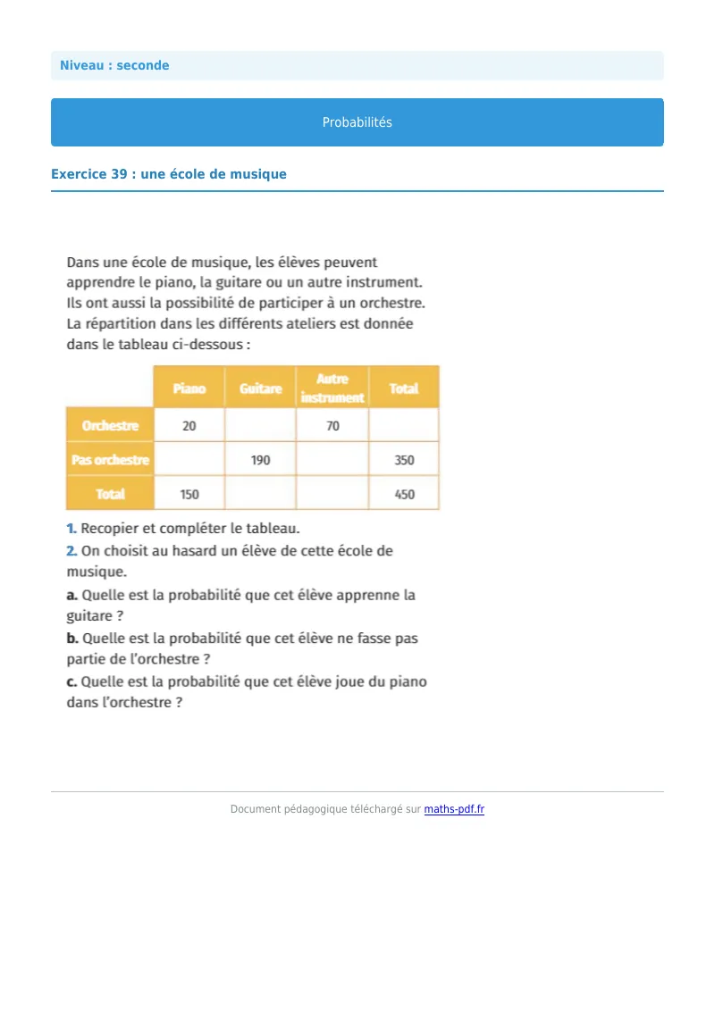 Probabilités : exercice n°39 de maths en seconde corrigé en PDF