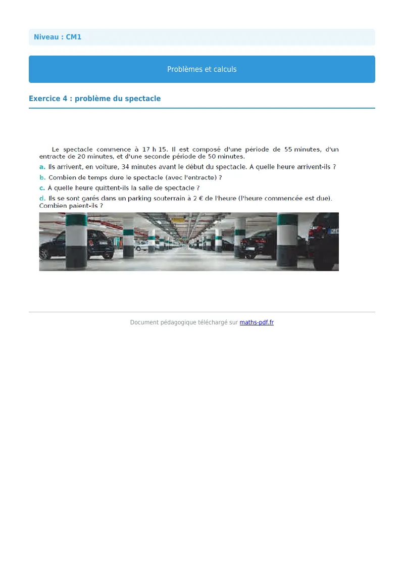 Problèmes et calculs : exercice n°4 de maths en CM1 corrigé en PDF